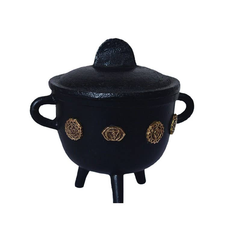 DESIGNS BY DEEKAY INC - Gold 7 Chakra Cast Iron Cauldron 4.5 inch with Lid & Handle