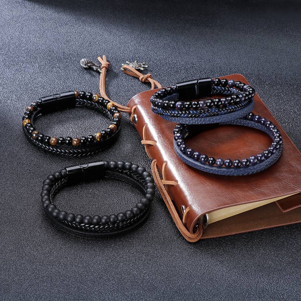 Gypsy Soul - Gemstone Men's Leather Bracelets - Assortment 12 Pcs