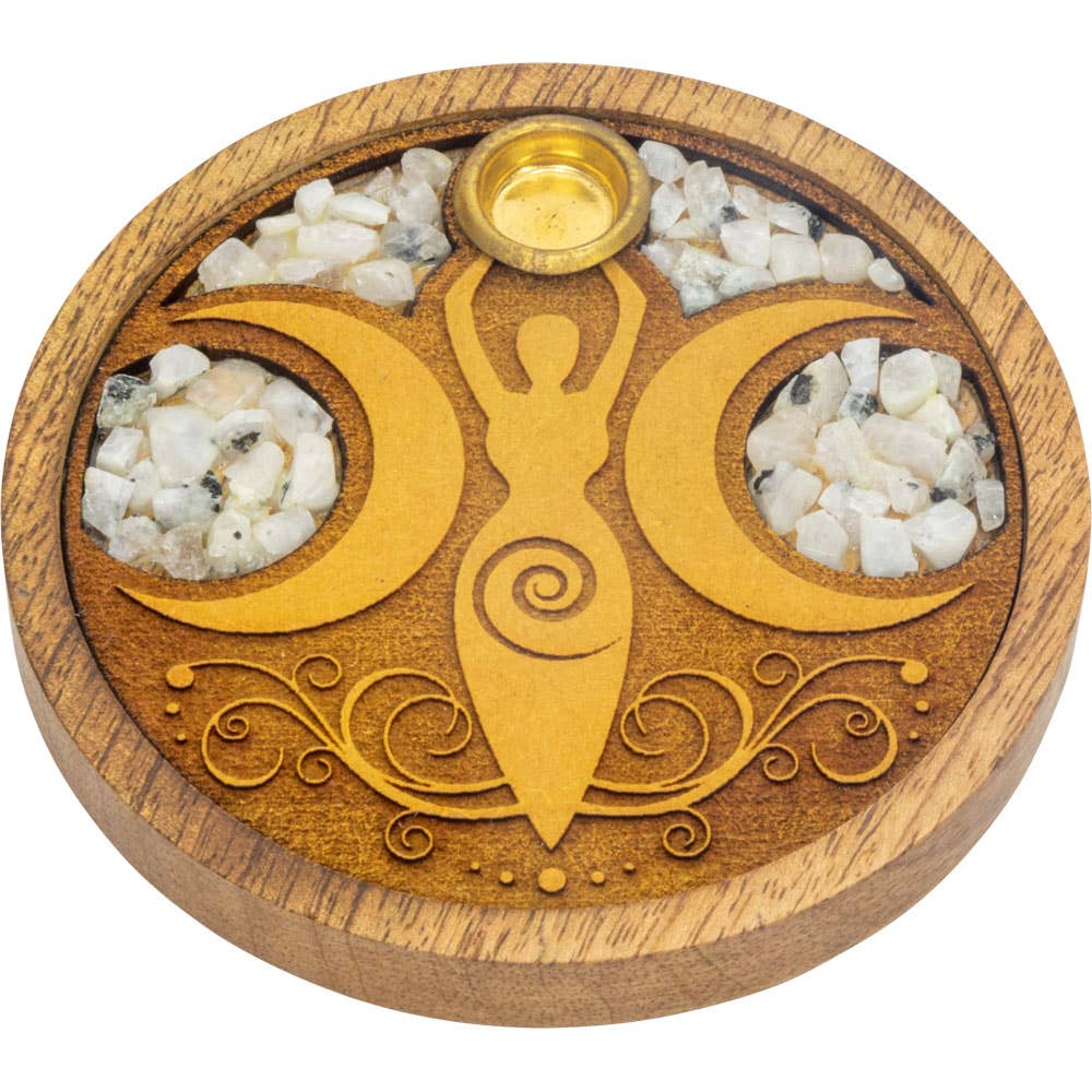 Laser Etched Wood Round Incense Holder - Moon Goddess w/ Rai