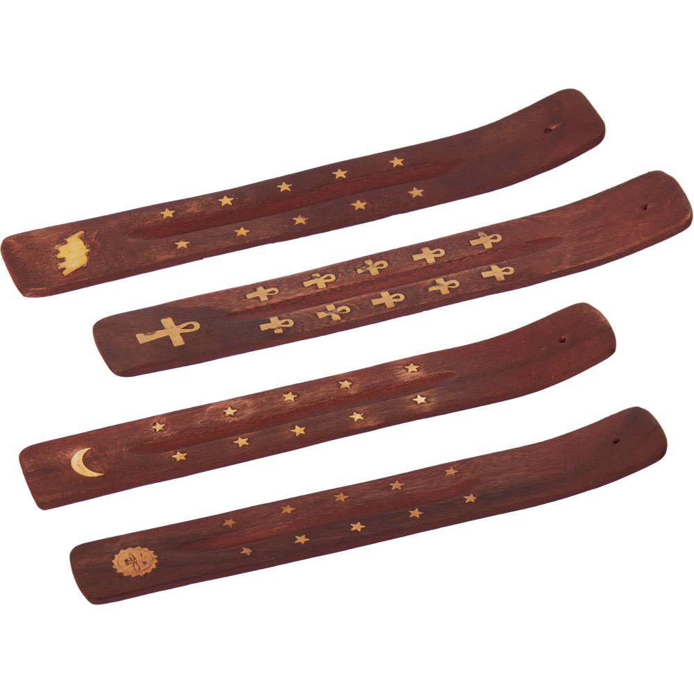 Wood Incense Holder Assorted Brass Inlay (Set of 12)